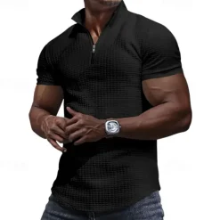 Best OUKU Men's Waffle Polo Shirt Quarter Zip Polo Daily Holiday Quarter Zip Short Sleeve Fashion Basic Plain Spring & Summer Regular Fit Black White Burgundy Khaki Light Grey Army Green Waffle Polo Shirt
