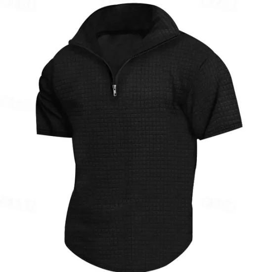 Best OUKU Men's Waffle Polo Shirt Quarter Zip Polo Daily Holiday Quarter Zip Short Sleeve Fashion Basic Plain Spring & Summer Regular Fit Black White Burgundy Khaki Light Grey Army Green Waffle Polo Shirt