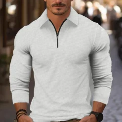 Sale OUKU Men's Waffle Polo Shirt Quarter Zip Polo Daily Holiday Quarter Zip Long Sleeve Fashion Modern Plain Spring & Fall Regular Fit White Yellow Blue Brown Green Khaki Waffle Polo Shirt
