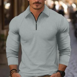 Sale OUKU Men's Waffle Polo Shirt Quarter Zip Polo Daily Holiday Quarter Zip Long Sleeve Fashion Modern Plain Spring & Fall Regular Fit White Yellow Blue Brown Green Khaki Waffle Polo Shirt