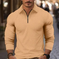 Sale OUKU Men's Waffle Polo Shirt Quarter Zip Polo Daily Holiday Quarter Zip Long Sleeve Fashion Modern Plain Spring & Fall Regular Fit White Yellow Blue Brown Green Khaki Waffle Polo Shirt