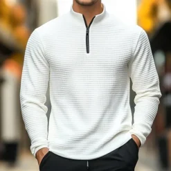 Clearance OUKU Men's Waffle Polo Shirt Waffle T Shirt Sports Outdoor Cycling / Bike Standing Collar Quarter Zip Long Sleeve Fashion Modern Solid Color Knitted Spring & Fall Standard Fit Light Blue Black White Dark