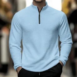 Clearance OUKU Men's Waffle Polo Shirt Waffle T Shirt Sports Outdoor Cycling / Bike Standing Collar Quarter Zip Long Sleeve Fashion Modern Solid Color Knitted Spring & Fall Standard Fit Light Blue Black White Dark