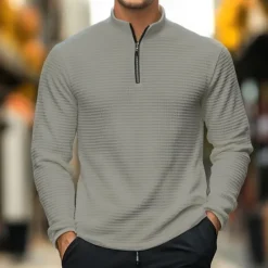 Clearance OUKU Men's Waffle Polo Shirt Waffle T Shirt Sports Outdoor Cycling / Bike Standing Collar Quarter Zip Long Sleeve Fashion Modern Solid Color Knitted Spring & Fall Standard Fit Light Blue Black White Dark