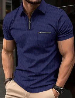 Sale OUKU Men's Waffle Polo Shirt Zip Polo Outdoor Sports Lapel Quarter Zip Short Sleeve Fashion Modern Plain Zipper Pocket Summer Regular Fit Black White Navy Blue Beige Gray Waffle Polo Shirt