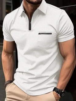 Sale OUKU Men's Waffle Polo Shirt Zip Polo Outdoor Sports Lapel Quarter Zip Short Sleeve Fashion Modern Plain Zipper Pocket Summer Regular Fit Black White Navy Blue Beige Gray Waffle Polo Shirt
