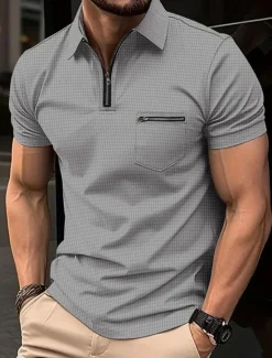 Sale OUKU Men's Waffle Polo Shirt Zip Polo Outdoor Sports Lapel Quarter Zip Short Sleeve Fashion Modern Plain Zipper Pocket Summer Regular Fit Black White Navy Blue Beige Gray Waffle Polo Shirt