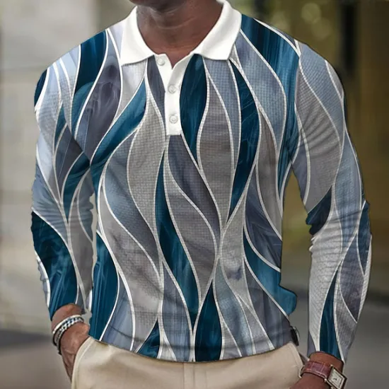 Sale OUKU Men's Waffle Polo Shirts Golf Shirt Long Sleeve Polo Shirts Collared Shirts Vacation Wear Formal Wear Festival Wear Buttons 3D Print Summer Blue