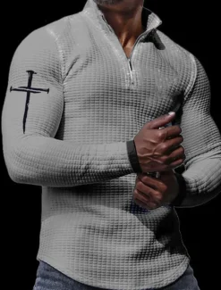 Best OUKU Men's Waffle Polo Shirts Golf Polos Shirts Long Sleeve Polo Shirts Turndown Zip Vintage Casual Daily 3D Print Fall & Winter Black White Orange