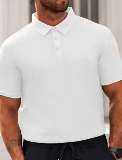 Discount OUKU Men's Waffle Polo Shirts Golf Shirt Work Casual Lapel Short Sleeve Basic Modern Plain Buttons Summer Spring Regular Fit Black White Yellow Red Light Grey Light Blue Waffle Polo Shirts