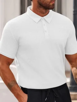 Discount OUKU Men's Waffle Polo Shirts Golf Shirt Work Casual Lapel Short Sleeve Basic Modern Plain Buttons Summer Spring Regular Fit Black White Yellow Red Light Grey Light Blue Waffle Polo Shirts