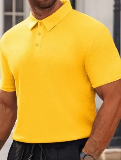 Discount OUKU Men's Waffle Polo Shirts Golf Shirt Work Casual Lapel Short Sleeve Basic Modern Plain Buttons Summer Spring Regular Fit Black White Yellow Red Light Grey Light Blue Waffle Polo Shirts
