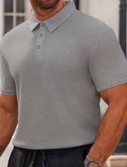 Discount OUKU Men's Waffle Polo Shirts Golf Shirt Work Casual Lapel Short Sleeve Basic Modern Plain Buttons Summer Spring Regular Fit Black White Yellow Red Light Grey Light Blue Waffle Polo Shirts