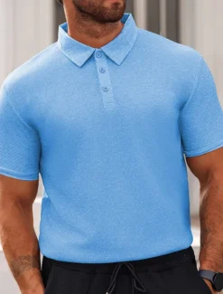 Discount OUKU Men's Waffle Polo Shirts Golf Shirt Work Casual Lapel Short Sleeve Basic Modern Plain Buttons Summer Spring Regular Fit Black White Yellow Red Light Grey Light Blue Waffle Polo Shirts