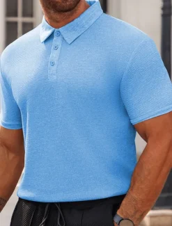 Discount OUKU Men's Waffle Polo Shirts Golf Shirt Work Casual Lapel Short Sleeve Basic Modern Plain Buttons Summer Spring Regular Fit Black White Yellow Red Light Grey Light Blue Waffle Polo Shirts