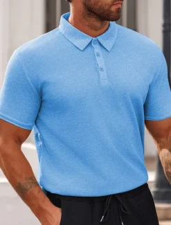 Discount OUKU Men's Waffle Polo Shirts Golf Shirt Work Casual Lapel Short Sleeve Basic Modern Plain Buttons Summer Spring Regular Fit Black White Yellow Red Light Grey Light Blue Waffle Polo Shirts