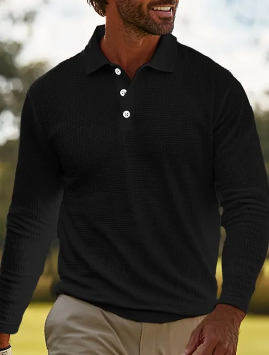 Sale OUKU Men's Waffle Polo Shirts Golf Shirt Casual Holiday Classic Long Sleeve Fashion Comfortable Solid Color Button Front Button-Down Spring & Fall Regular Fit Black White Gray Waffle Polo Shirts