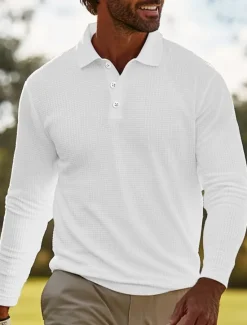 Sale OUKU Men's Waffle Polo Shirts Golf Shirt Casual Holiday Classic Long Sleeve Fashion Comfortable Solid Color Button Front Button-Down Spring & Fall Regular Fit Black White Gray Waffle Polo Shirts