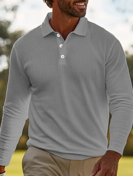 Sale OUKU Men's Waffle Polo Shirts Golf Shirt Casual Holiday Classic Long Sleeve Fashion Comfortable Solid Color Button Front Button-Down Spring & Fall Regular Fit Black White Gray Waffle Polo Shirts