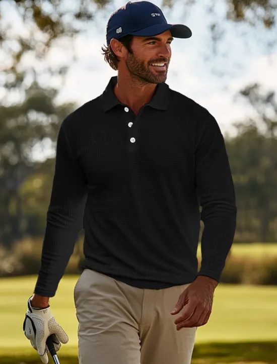Sale OUKU Men's Waffle Polo Shirts Golf Shirt Casual Holiday Classic Long Sleeve Fashion Comfortable Solid Color Button Front Button-Down Spring & Fall Regular Fit Black White Gray Waffle Polo Shirts