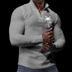 Sale OUKU Men's Waffle Polo Shirts Golf Polos Shirts Long Sleeve Polo Shirts Zip Casual Casual Daily Fall & Winter Black White Apricot