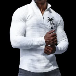 Sale OUKU Men's Waffle Polo Shirts Golf Polos Shirts Long Sleeve Polo Shirts Zip Casual Casual Daily Fall & Winter Black White Apricot