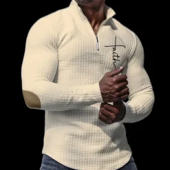 OUKU Men's Waffle Polo Shirts Golf Polos Shirts Long Sleeve Polo Shirts Turndown Zip Casual Daily 3D Print Fall & Winter Black White Apricot