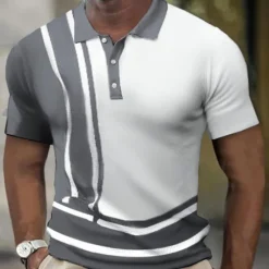 Clearance OUKU Men's Waffle Polo Shirts Golf Shirt Street Casual Polo Collar Classic Short Sleeve Fashion Casual Striped Button Front Button-Down Spring & Summer Regular Fit White gray Navy Blue Blue Coffee Light