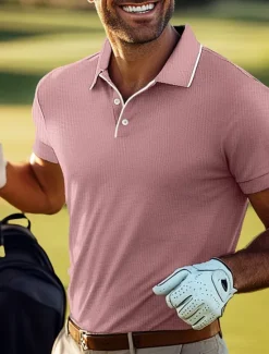 Outlet OUKU Men's Waffle Polo Shirts Golf Shirt Casual Sports Lapel Short Sleeve Fashion Basic Plain Buttons Summer Regular Fit Light Green Pink Navy Blue Royal Blue Waffle Polo Shirts