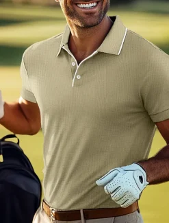 Outlet OUKU Men's Waffle Polo Shirts Golf Shirt Casual Sports Lapel Short Sleeve Fashion Basic Plain Buttons Summer Regular Fit Light Green Pink Navy Blue Royal Blue Waffle Polo Shirts
