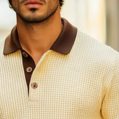 OUKU Men's Waffle Polo Shirts Knit Polo Sweater Business Casual Lapel Classic Long Sleeve Fashion Basic Solid Color Pocket Fall Winter Regular Fit Waffle Polo Shirts Yellow