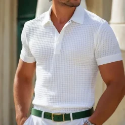 Online OUKU Men's Waffle Polo Shirts Polo Shirts Casual Holiday Lapel Ribbed Polo Collar Short Sleeve Fashion Basic Plain Buttons Soft Summer Spring Regular Fit White Yellow Khaki Gray Waffle Polo Shirts