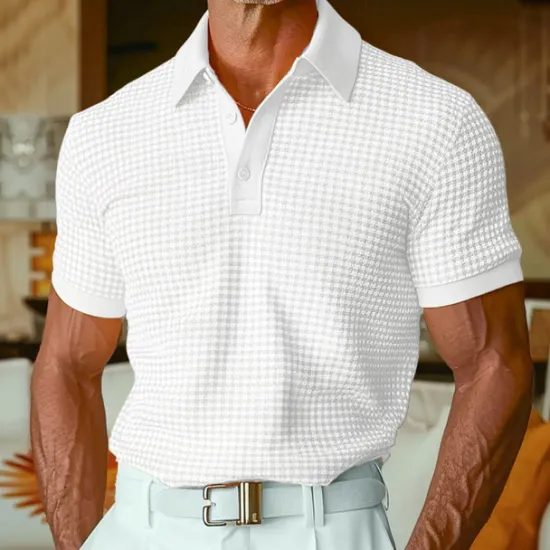 OUKU Men's Waffle Polo Shirts Polo Shirts Casual Holiday Lapel Ribbed Polo Collar Short Sleeve Fashion Basic Plain Buttons Soft Summer Spring Regular Fit White Yellow Burgundy Mint Green Green khaki