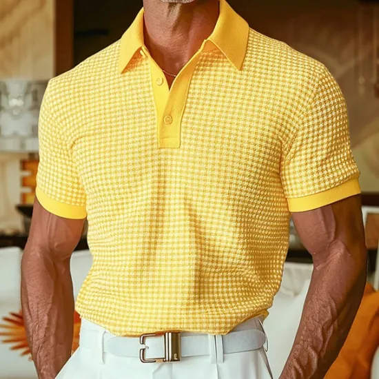 OUKU Men's Waffle Polo Shirts Polo Shirts Casual Holiday Lapel Ribbed Polo Collar Short Sleeve Fashion Basic Plain Buttons Soft Summer Spring Regular Fit White Yellow Burgundy Mint Green Green khaki