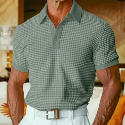 OUKU Men's Waffle Polo Shirts Polo Shirts Casual Holiday Lapel Ribbed Polo Collar Short Sleeve Fashion Basic Plain Buttons Soft Summer Spring Regular Fit White Yellow Burgundy Mint Green Green khaki