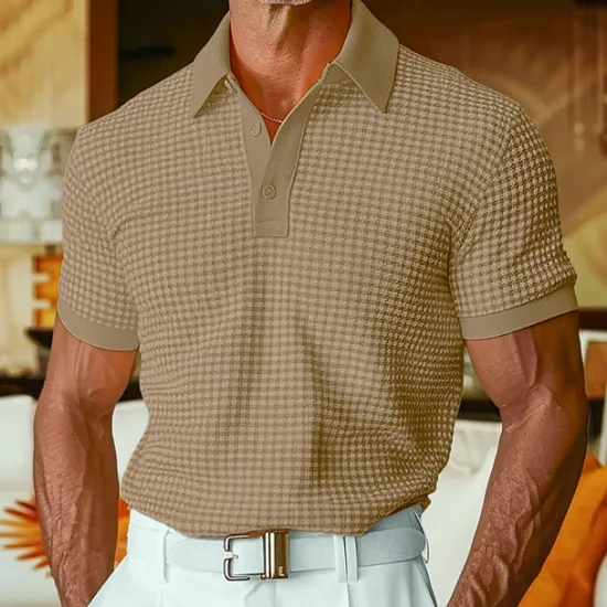 OUKU Men's Waffle Polo Shirts Polo Shirts Casual Holiday Lapel Ribbed Polo Collar Short Sleeve Fashion Basic Plain Buttons Soft Summer Spring Regular Fit White Yellow Burgundy Mint Green Green khaki