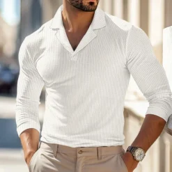 Best OUKU Men's Waffle Polo Shirts Polo Shirts Street Business Cuban Collar Long Sleeve Fashion Basic Solid Color V Neck Fall Winter Cross-Seasons Regular Fit Black White Blue khaki Grey Waffle Polo Shirts