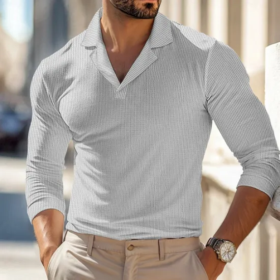Best OUKU Men's Waffle Polo Shirts Polo Shirts Street Business Cuban Collar Long Sleeve Fashion Basic Solid Color V Neck Fall Winter Cross-Seasons Regular Fit Black White Blue khaki Grey Waffle Polo Shirts