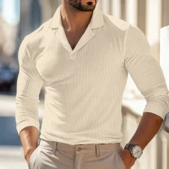 Best OUKU Men's Waffle Polo Shirts Polo Shirts Street Business Cuban Collar Long Sleeve Fashion Basic Solid Color V Neck Fall Winter Cross-Seasons Regular Fit Black White Blue khaki Grey Waffle Polo Shirts