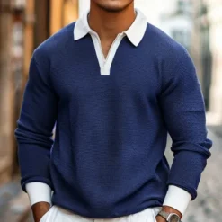 New OUKU Men's Waffle Polo Shirts Quarter Zip Polo Outdoor Causal Quarter Zip Long Sleeve Fashion Modern Solid Color Knitted Spring & Fall Standard Fit Navy Blue Dark Green Orange Light Grey Waffle Polo