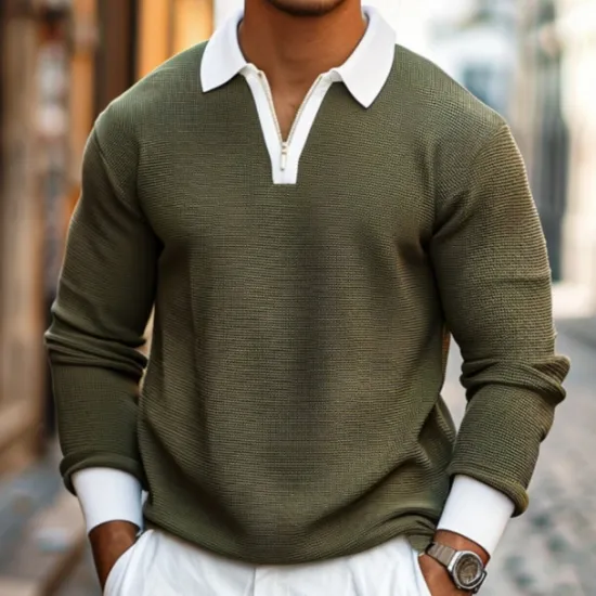 New OUKU Men's Waffle Polo Shirts Quarter Zip Polo Outdoor Causal Quarter Zip Long Sleeve Fashion Modern Solid Color Knitted Spring & Fall Standard Fit Navy Blue Dark Green Orange Light Grey Waffle Polo