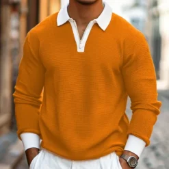 New OUKU Men's Waffle Polo Shirts Quarter Zip Polo Outdoor Causal Quarter Zip Long Sleeve Fashion Modern Solid Color Knitted Spring & Fall Standard Fit Navy Blue Dark Green Orange Light Grey Waffle Polo