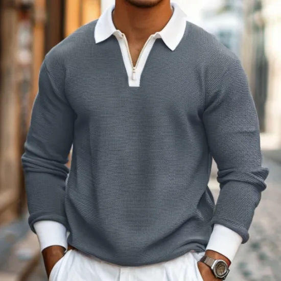 New OUKU Men's Waffle Polo Shirts Quarter Zip Polo Outdoor Causal Quarter Zip Long Sleeve Fashion Modern Solid Color Knitted Spring & Fall Standard Fit Navy Blue Dark Green Orange Light Grey Waffle Polo