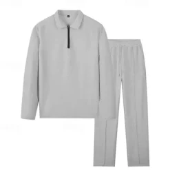New OUKU Men's Waffle Polo Shirts Quarter Zip Polo Daily Holiday Quarter Zip Long Sleeve Fashion Modern Plain 2 Piece Spring & Fall Regular Fit Black White Blue Khaki Light Grey Waffle Polo Shirts