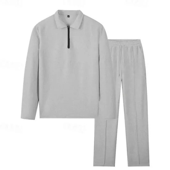 New OUKU Men's Waffle Polo Shirts Quarter Zip Polo Daily Holiday Quarter Zip Long Sleeve Fashion Modern Plain 2 Piece Spring & Fall Regular Fit Black White Blue Khaki Light Grey Waffle Polo Shirts