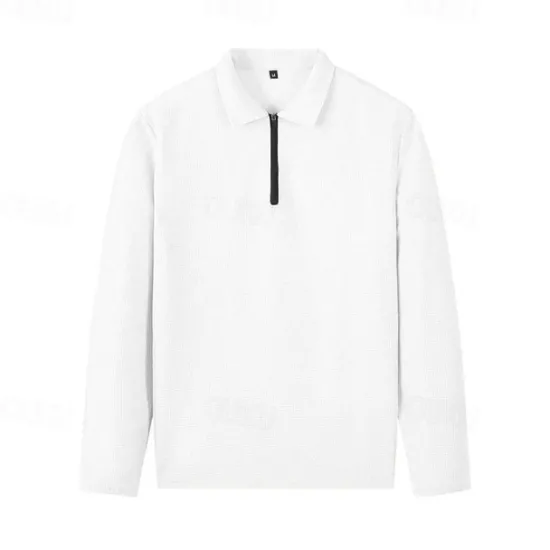 New OUKU Men's Waffle Polo Shirts Quarter Zip Polo Daily Holiday Quarter Zip Long Sleeve Fashion Modern Plain 2 Piece Spring & Fall Regular Fit Black White Blue Khaki Light Grey Waffle Polo Shirts