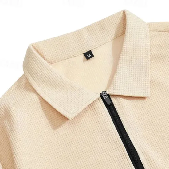 New OUKU Men's Waffle Polo Shirts Quarter Zip Polo Daily Holiday Quarter Zip Long Sleeve Fashion Modern Plain 2 Piece Spring & Fall Regular Fit Black White Blue Khaki Light Grey Waffle Polo Shirts