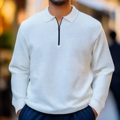 Sale OUKU Men's Waffle Polo Shirts Quarter Zip Polo Outdoor Causal Quarter Zip Long Sleeve Fashion Modern Solid Color Knitted Spring & Fall Standard Fit Waffle Polo Shirts White