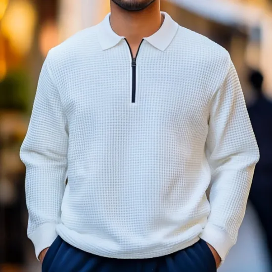 Sale OUKU Men's Waffle Polo Shirts Quarter Zip Polo Outdoor Causal Quarter Zip Long Sleeve Fashion Modern Solid Color Knitted Spring & Fall Standard Fit Waffle Polo Shirts White