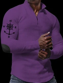 Best OUKU Men's Waffle Polo Shirts Zip Polo Golf Polos Shirts Long Sleeve Polo Shirts Zip Vintage Casual Daily 3D Print Fall & Winter Black White Wine